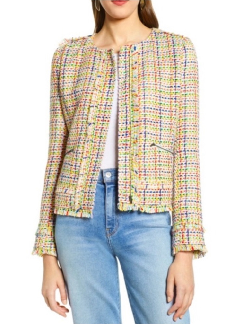 HALOGEN Rainbow Multi-Color Fringe Tweed Blazer
